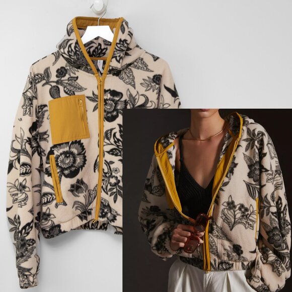 Anthropologie Daily Practice Fleece Jacket Floral Cream Black Yellow Size Medium - Picture 1 of 8